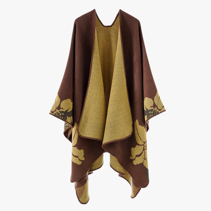 Women's Reversible Wool Blend Cape with Floral Jacquard and Open Draping
