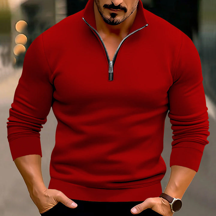 Men's Fitted Fine Knit Pullover with Short Zipper and Stand-up Collar