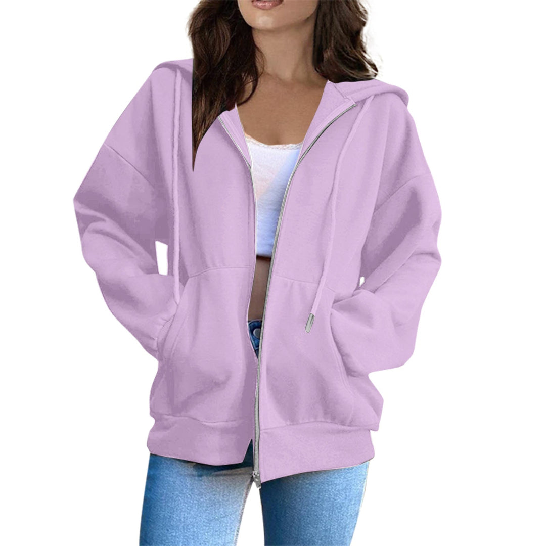 Women's Casual Hoodie Jacket with Continuous Zipper, Kangaroo Pockets, and Voluminous Raglan Sleeves