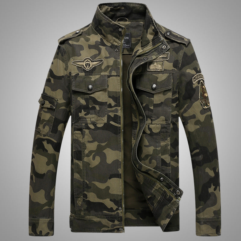 Men's Camouflage Field Jacket made of Durable Canvas with Epaulettes, Multiple Pockets and Stand-up Collar