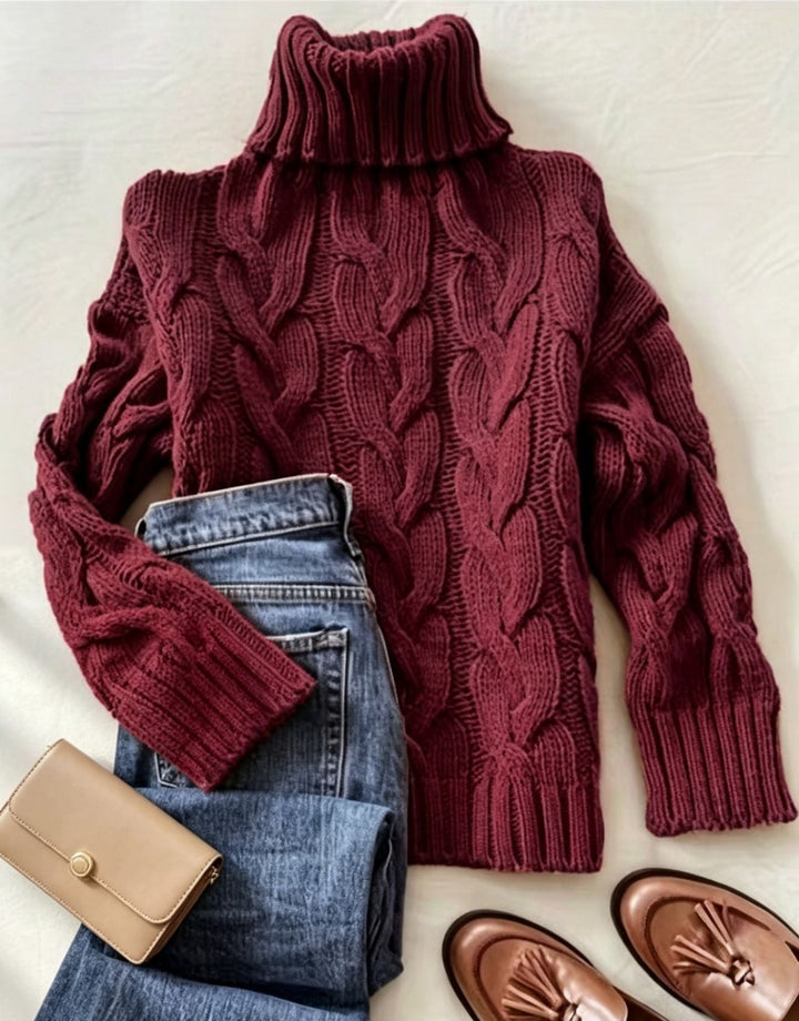 Women's Chunky Knit Turtleneck Sweater with Distinctive Cable Patterns and Ribbed Cuffs