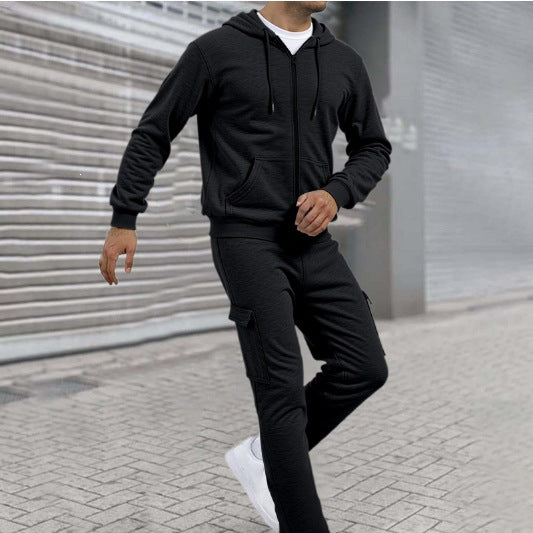 Men's Sporty Zip Sweat Set with Cargo Joggers, Ergonomic Seams, and Ribbed Cuffs