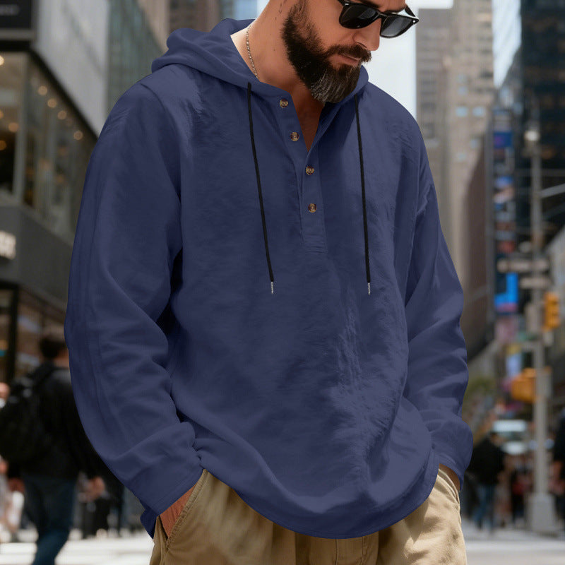 Men's Lightweight Hooded Shirt with Button Placket made of Linen Blend and Relaxed Fit