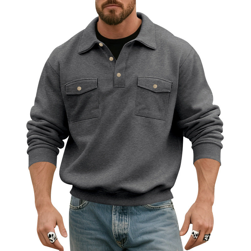 Men's Polo Collar Sweatshirt with Patch Chest Pockets and Ribbed Cuffs