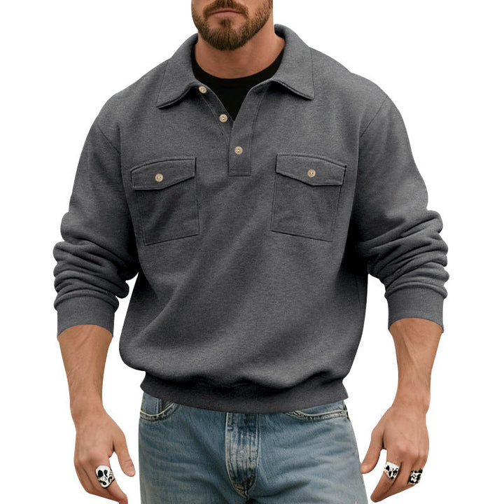 Men's Polo Collar Sweatshirt with Patch Chest Pockets and Ribbed Cuffs