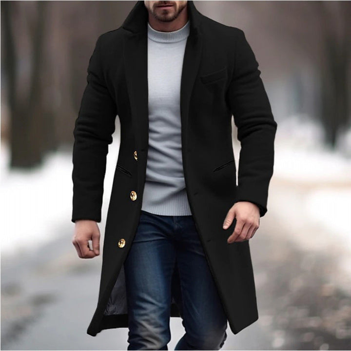 Men's Elegant Single-Breasted Long Coat made of Wool Blend with Slim Silhouette and Lapel Collar