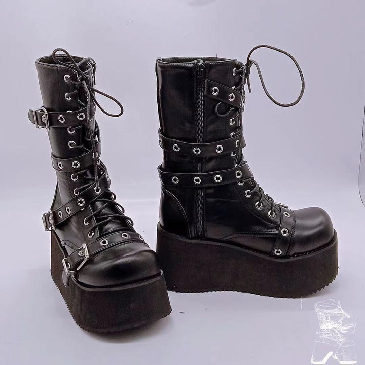 Women's Platform Combat Boots with Buckles, Eyelets, Lacing, and Side Zipper
