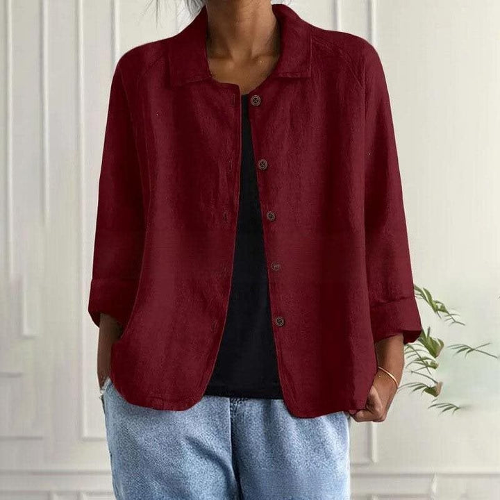 Women's Oversized Linen Shirt Jacket with Shirt Collar, 3/4 Sleeves and Continuous Button Placket