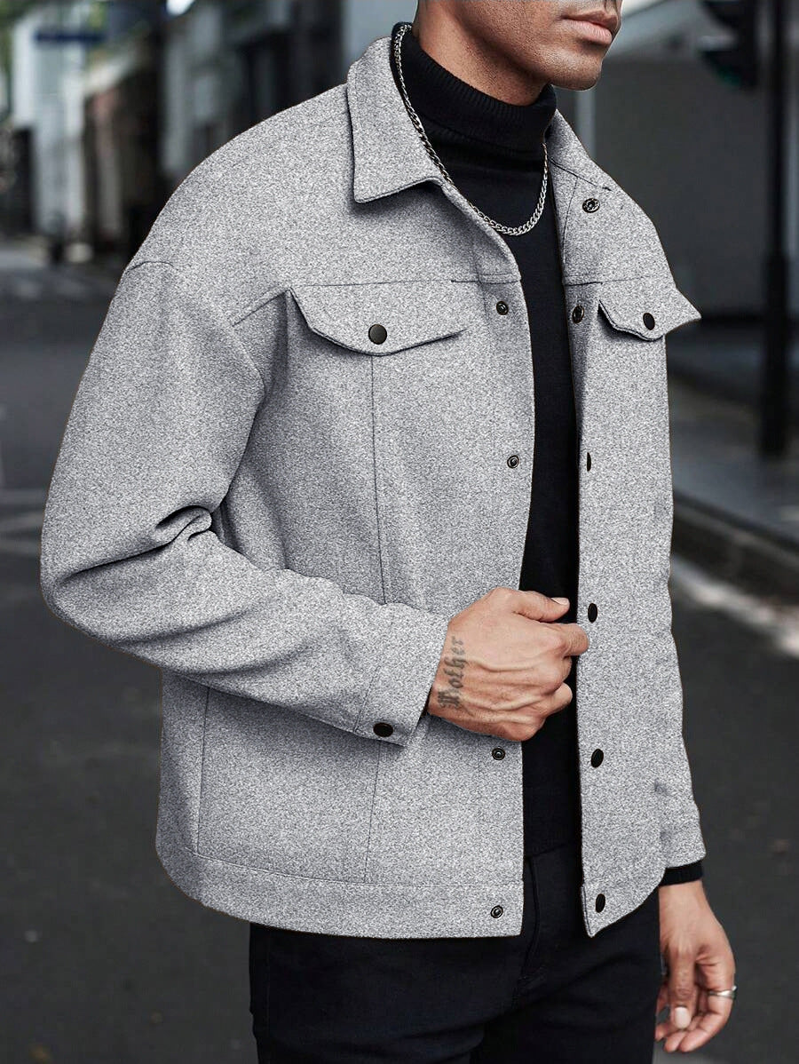 Men's Shirt Jacket made of Wool Blend with Snap Buttons and Flap Pockets