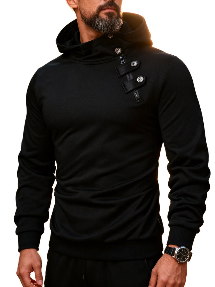 Men's Fitted Hoodie with High Collar, Decorative Tabs and Concealed Diagonal Zipper
