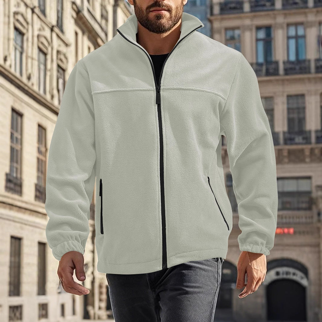 Men's Fleece Jacket with Zipper, Stand-up Collar and Zip Pockets