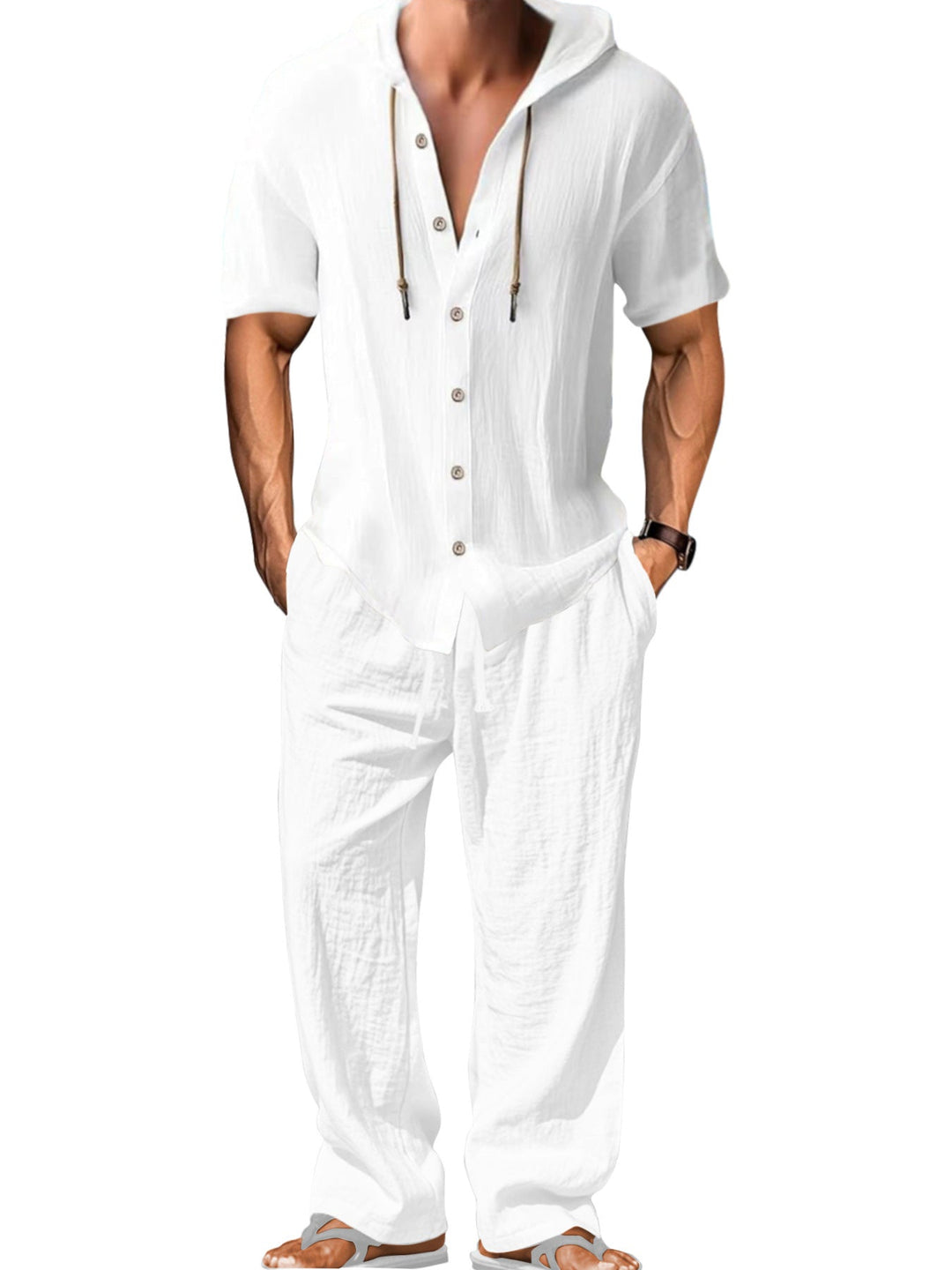 Men's Airy Linen Lounge Set with Short-sleeved Hoodie and Straight Relaxed Pants