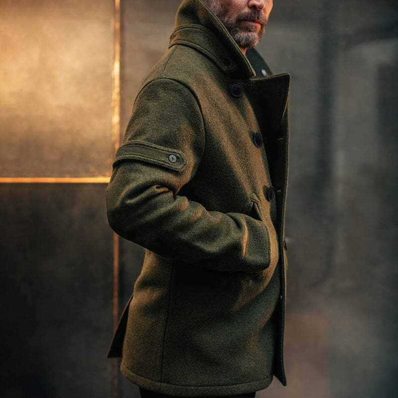 Men's Double-Breasted Wool Coat in Peacoat Style with High Collar