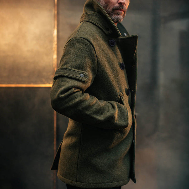 Men's Double-Breasted Wool Coat in Peacoat Style with High Collar