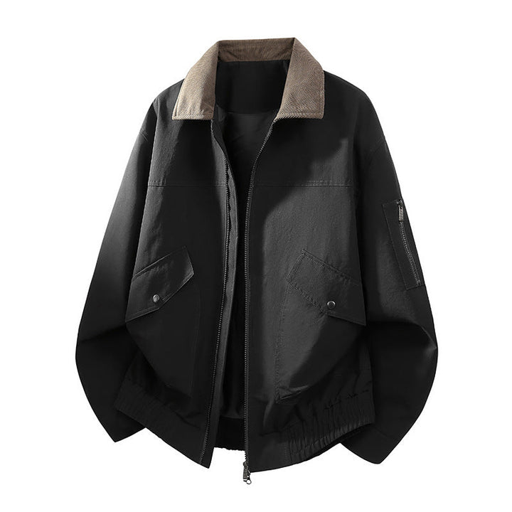 Men's Oversized Bomber Jacket in Worker Style with Cord Collar, Flap Pockets, and Elastic Hem