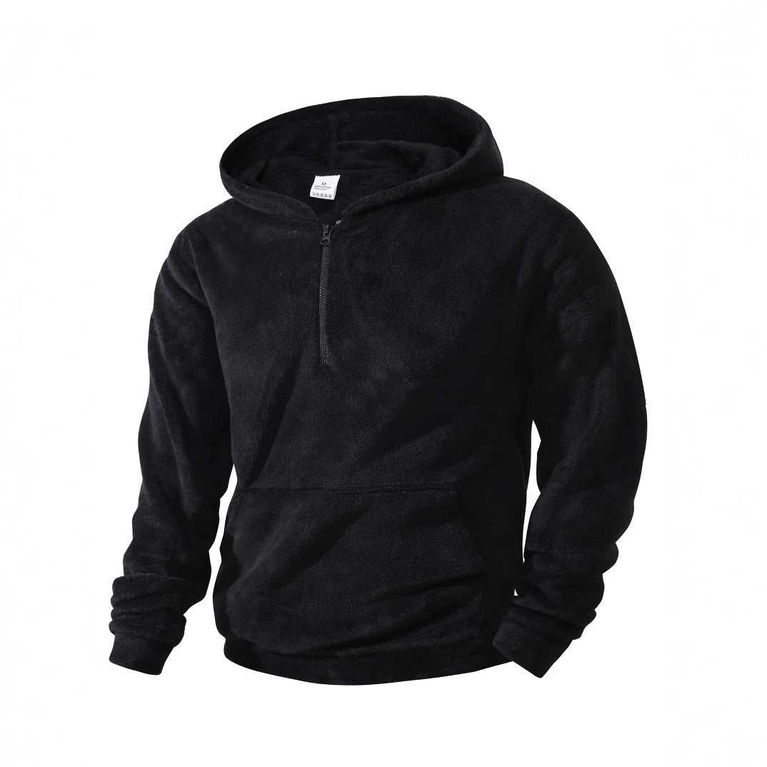 Men's Cuddly Microfleece Hoodie with Half Zip, Hood and Kangaroo Pocket