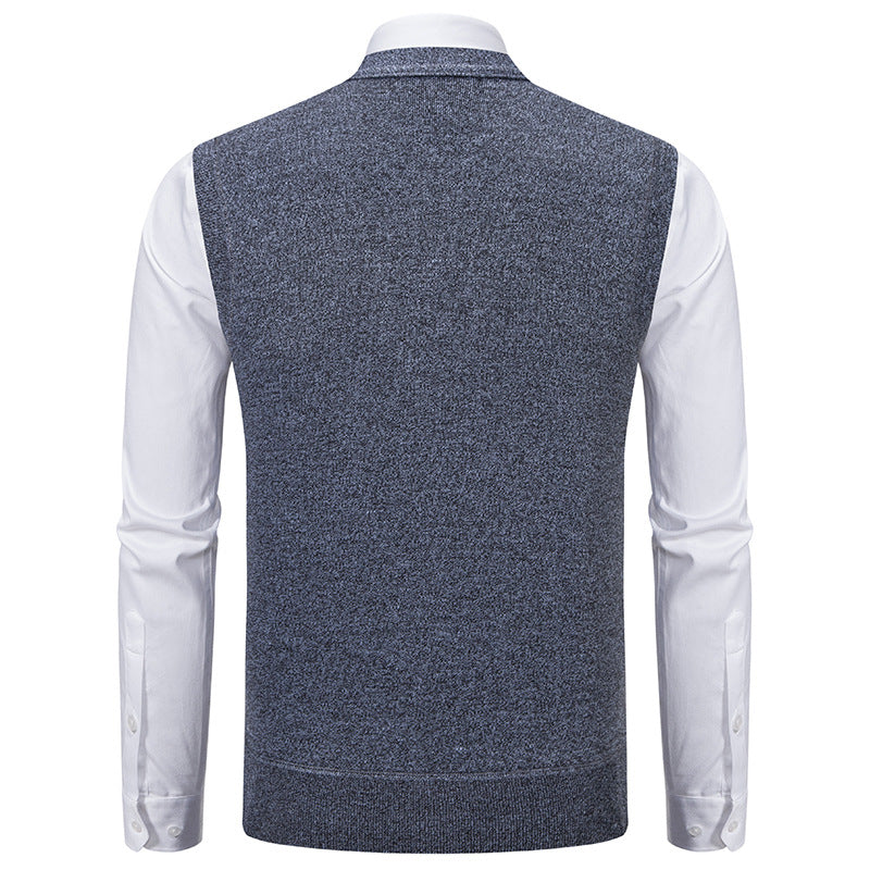 Men's V-neck Knitted Vest with Cable Pattern, Continuous Button Placket and Patch Pockets