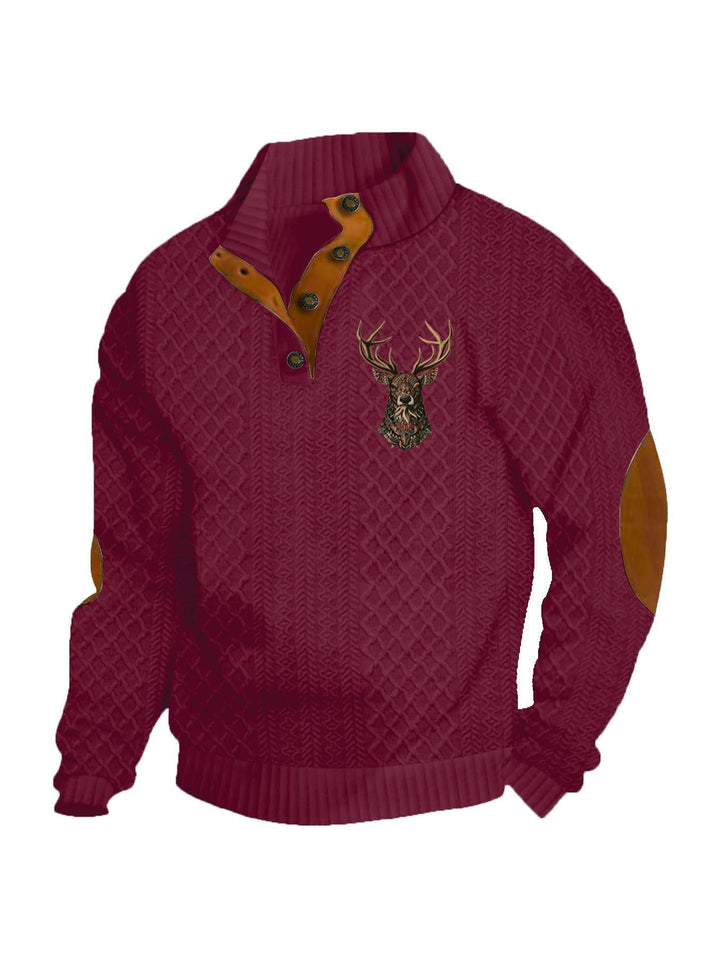 Men's Heritage Textured Pullover with Stand-up Collar Faux Leather Trim Elbow Patches and Half-button Placket