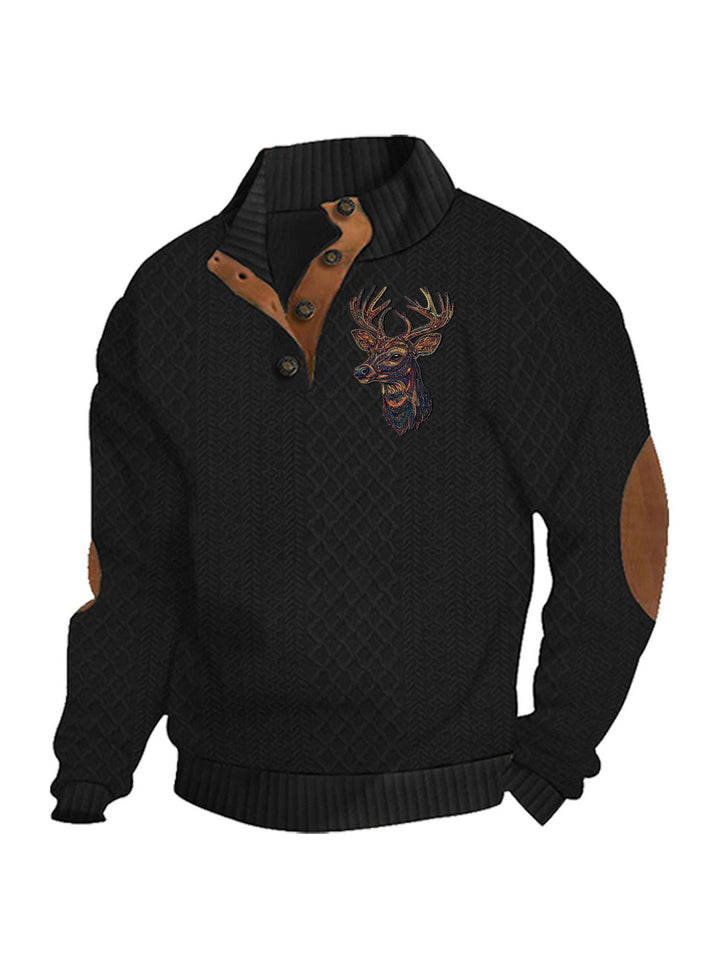 Men's Heritage Textured Pullover with Stand-up Collar Faux Leather Trim Elbow Patches and Half-button Placket