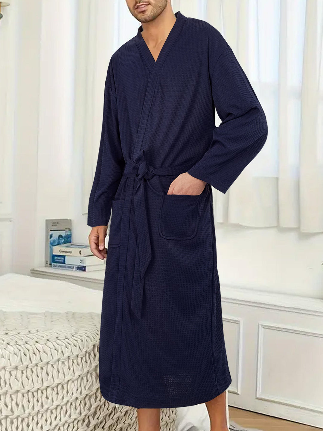 Men's Lightweight Cotton Kimono Bathrobe with Waffle Texture and Patch Pockets