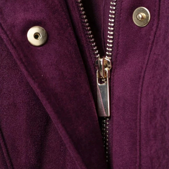 Women's Short Suede Bomber Jacket with High Ribbed Collar, Elastic Hem and Patch Pockets