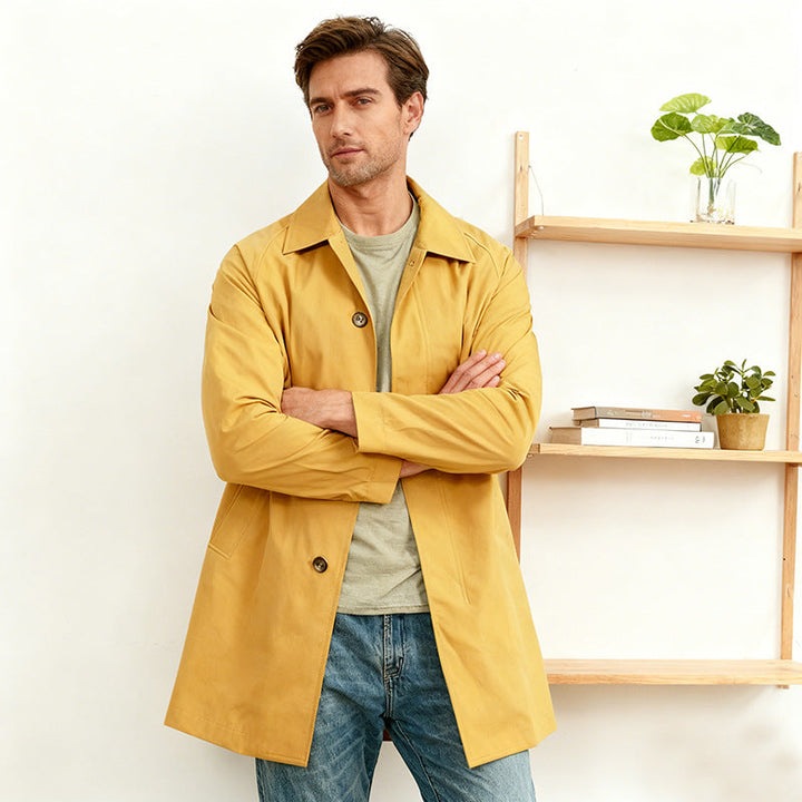 Men's Mid-length Car Coat with Lapel Collar and Concealed Button Placket