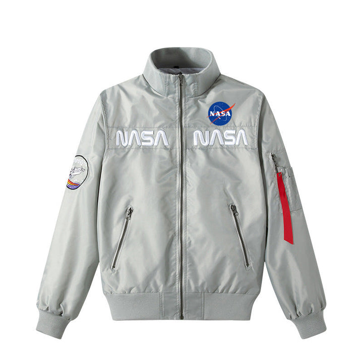 Men's Retro Space-logo Nylon Zip Bomber with Angled Zip Pockets and Utility Sleeve Tab