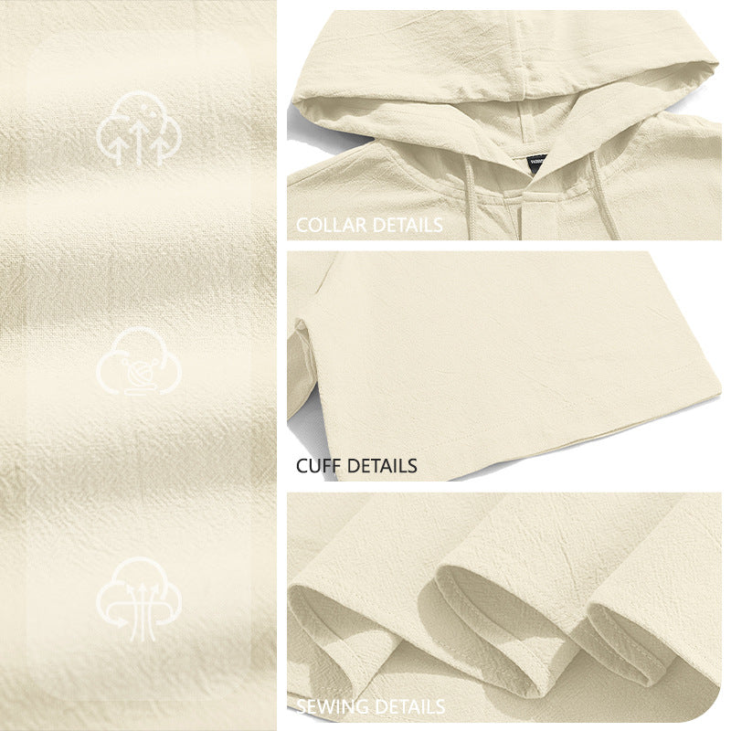 Men's Short-sleeved Hooded Henley made of Slub Cotton with Concealed Button Placket and Drawstring
