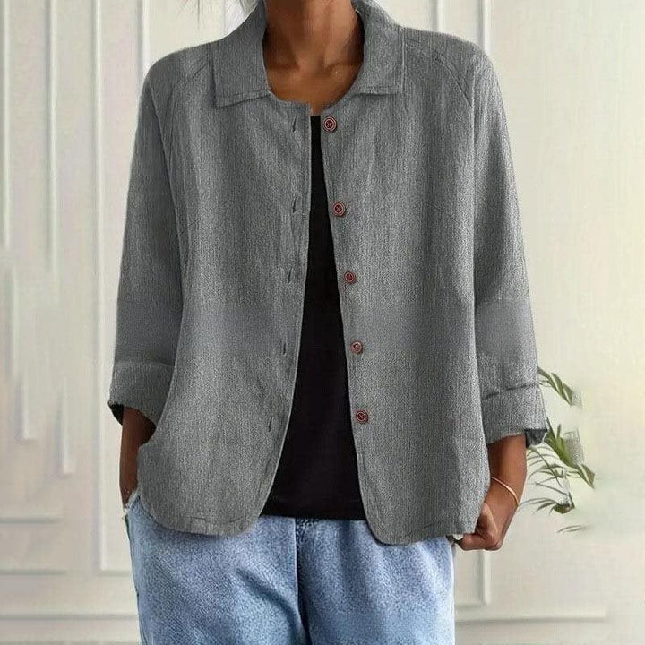 Women's Oversized Linen Shirt Jacket with Shirt Collar, 3/4 Sleeves and Continuous Button Placket