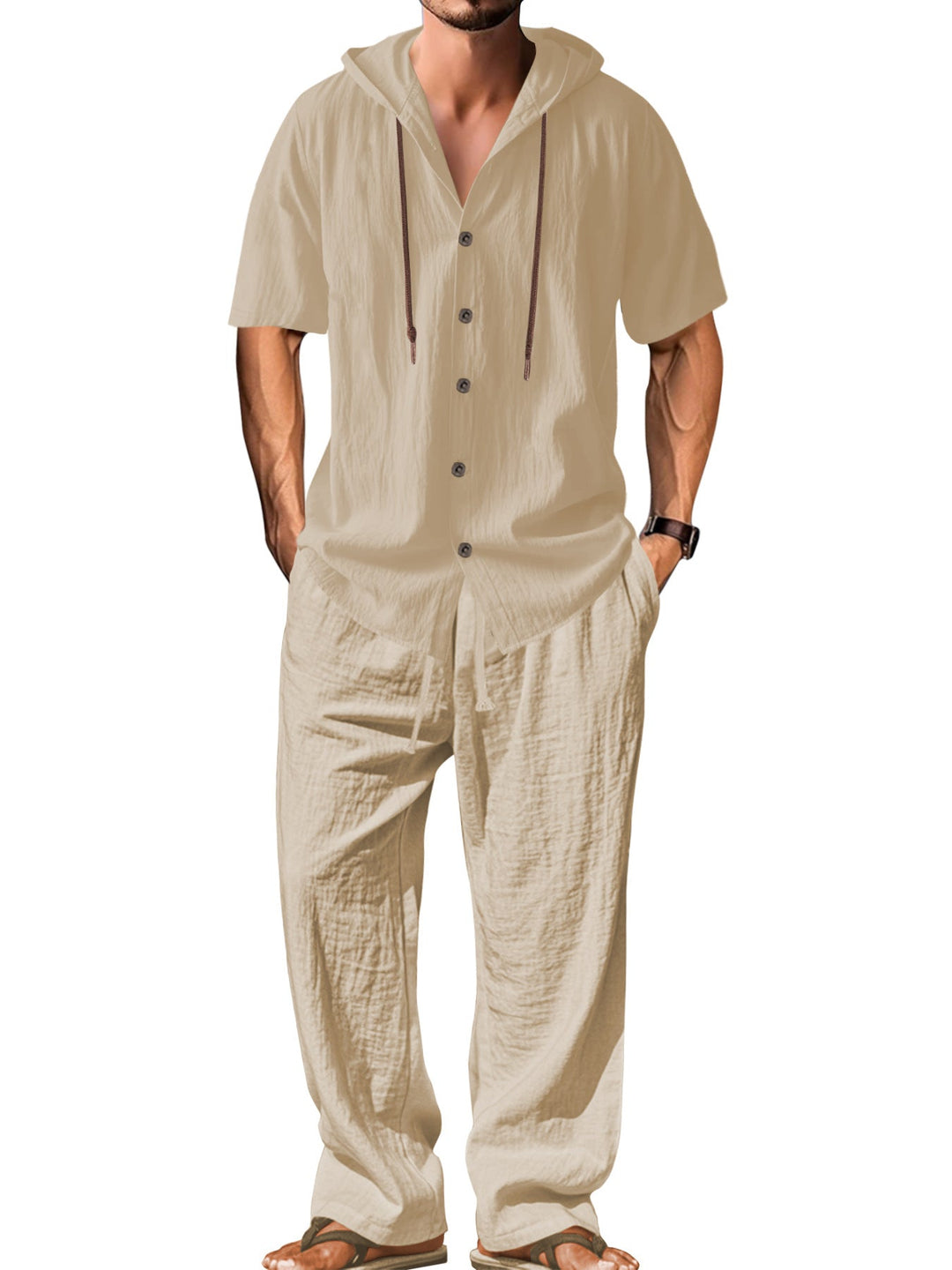 Men's Airy Linen Lounge Set with Short-sleeved Hoodie and Straight Relaxed Pants
