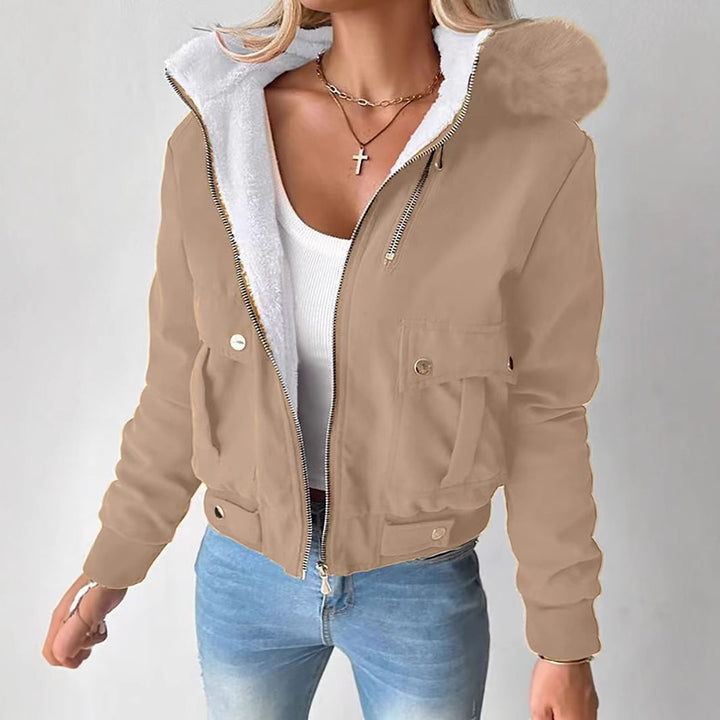 Women's Short Blouson Winter Jacket with Teddy Lining and Removable Faux Fur Hood