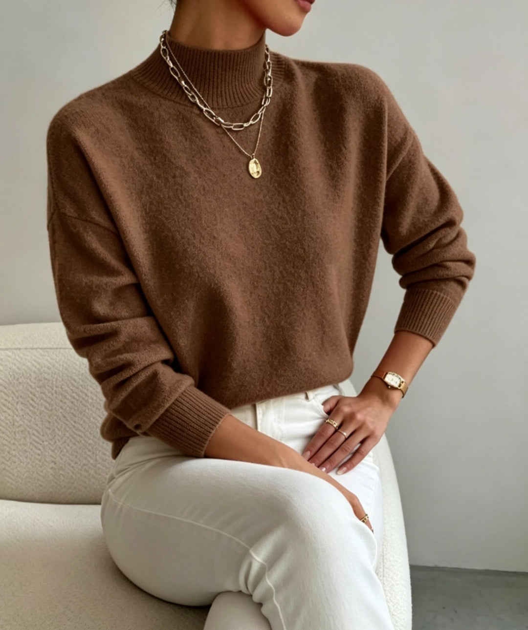 Women's Cozy Fine-knit Pullover with Stand-up Collar and Drop Shoulder