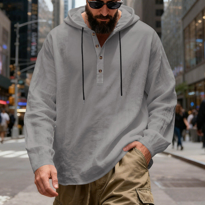 Men's Lightweight Hooded Shirt with Button Placket made of Linen Blend and Relaxed Fit
