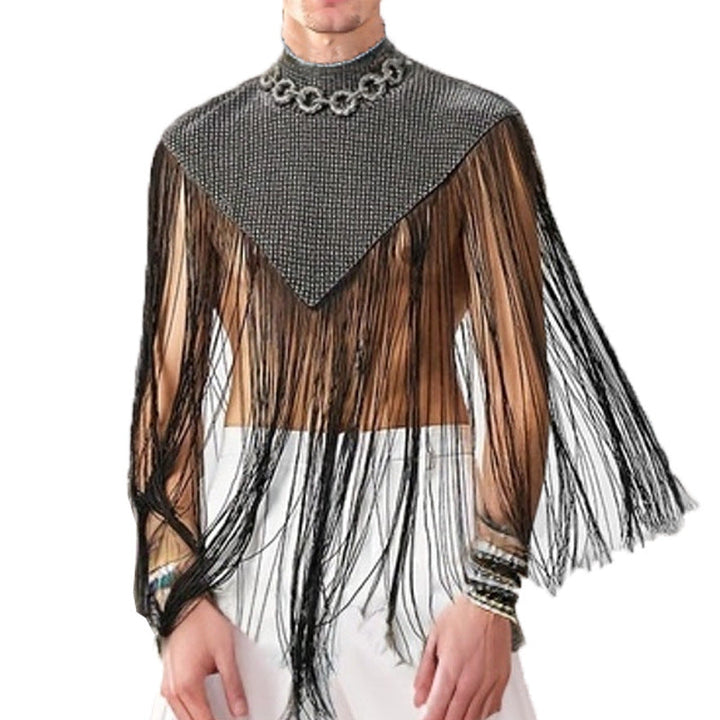 Women's Long Fringed Cape with Turtleneck and V-shaped Insert