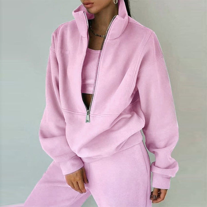 Women's Short Half-zip Sweatshirt and Jogging Pants Set with Stand-up Collar, Oversized Cut and Soft French Terry