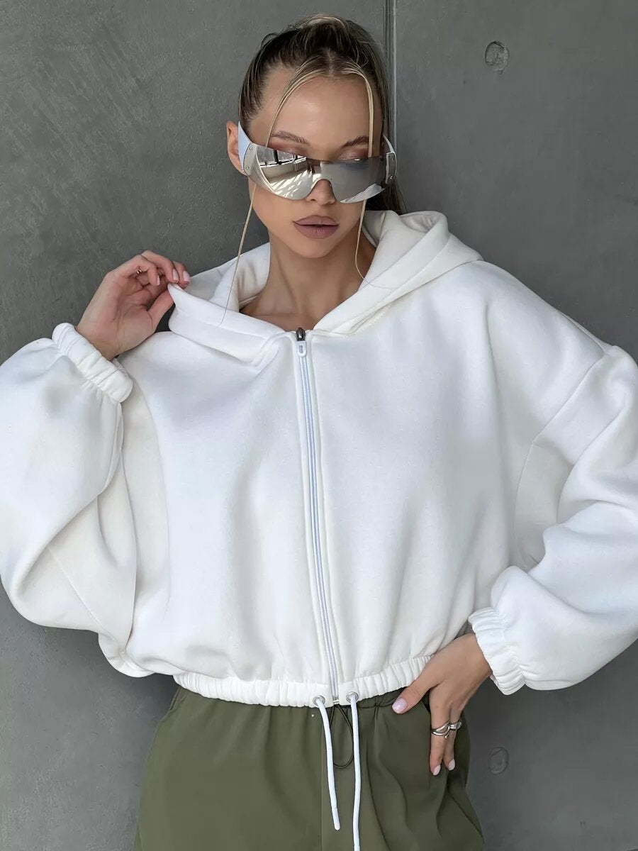 Women's Short Hooded Jacket with Drawstring Waistband, Balloon Sleeves, and Half-height Zipper
