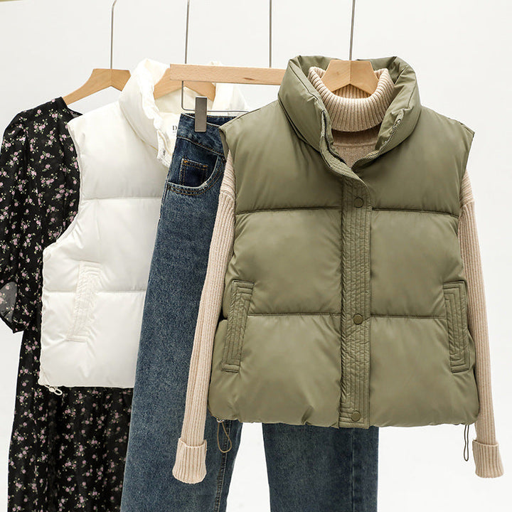 Women's Sleeveless Padded Quilted Vest with High Stand-up Collar and Drawstring