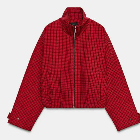 Women's Cropped Blouson Jacket made of Woven Fabric with Stand-up Collar, Elastic Hem, and Fine Check Design