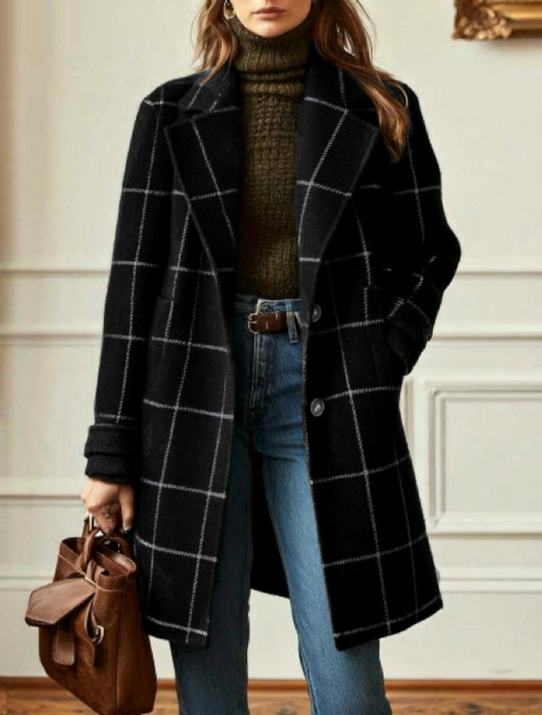 Women's Stylish Wool Coat with Check Pattern