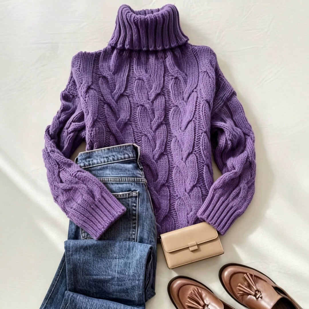 Women's Chunky Knit Turtleneck Sweater with Distinctive Cable Patterns and Ribbed Cuffs
