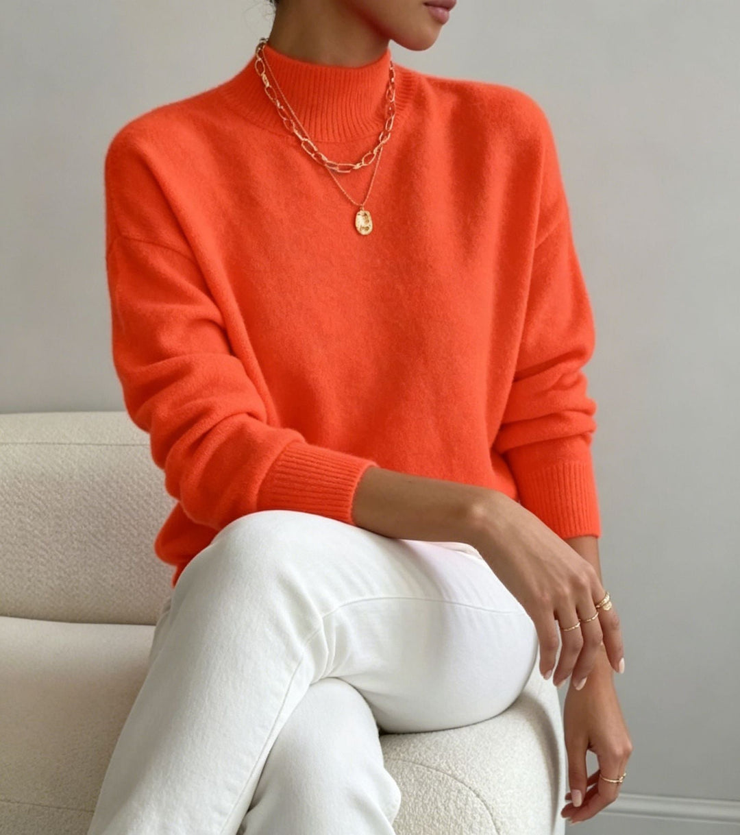 Women's Cozy Fine-knit Pullover with Stand-up Collar and Drop Shoulder