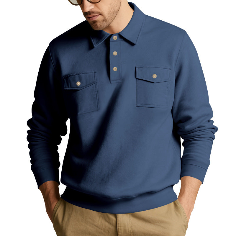 Men's Polo Collar Sweatshirt with Patch Chest Pockets and Ribbed Cuffs