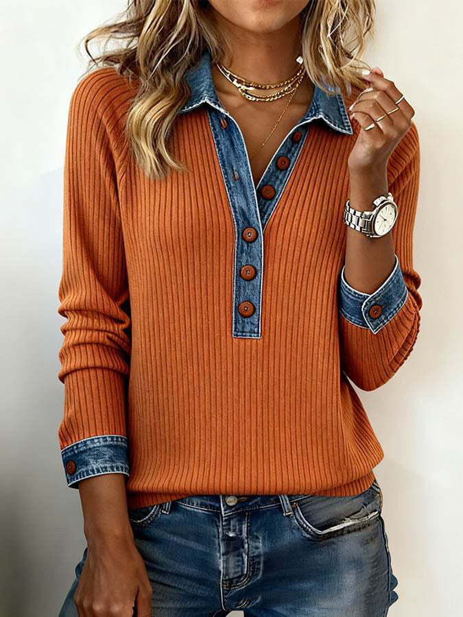 Women's Ribbed Sweater with Denim Trim, Shirt Collar and Decorative Button Placket