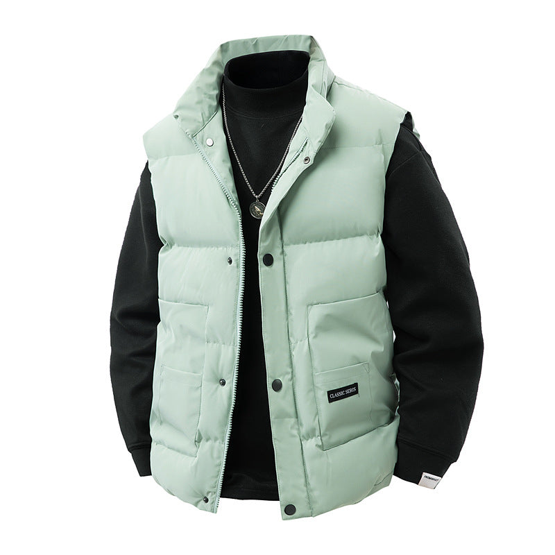 Men's Thermo Quilted Vest with High Collar Trim, Snap Button Front & Mounted Utility Pockets