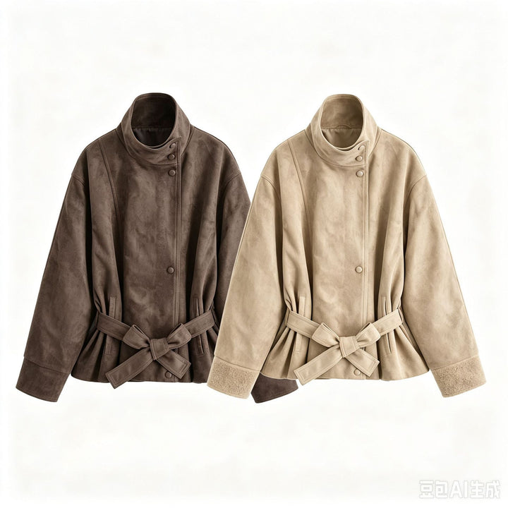 Women's Short Jacket in Suede Look with Stand-up Collar and Tie Belt