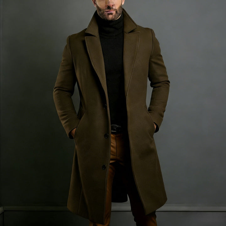 Men's Elegant Single-Breasted Long Coat made of Wool Blend with Slim Silhouette and Lapel Collar