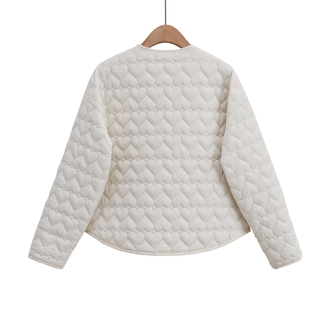 Women Quilted Short Jacket with Heart Quilting, Round Neckline and Snap Buttons