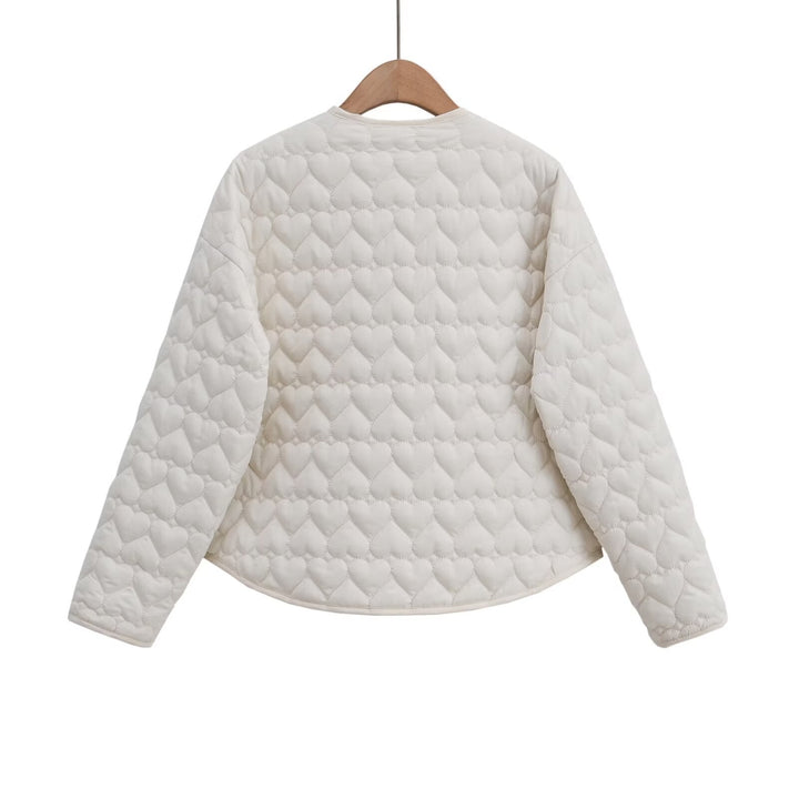 Women Quilted Short Jacket with Heart Quilting, Round Neckline and Snap Buttons