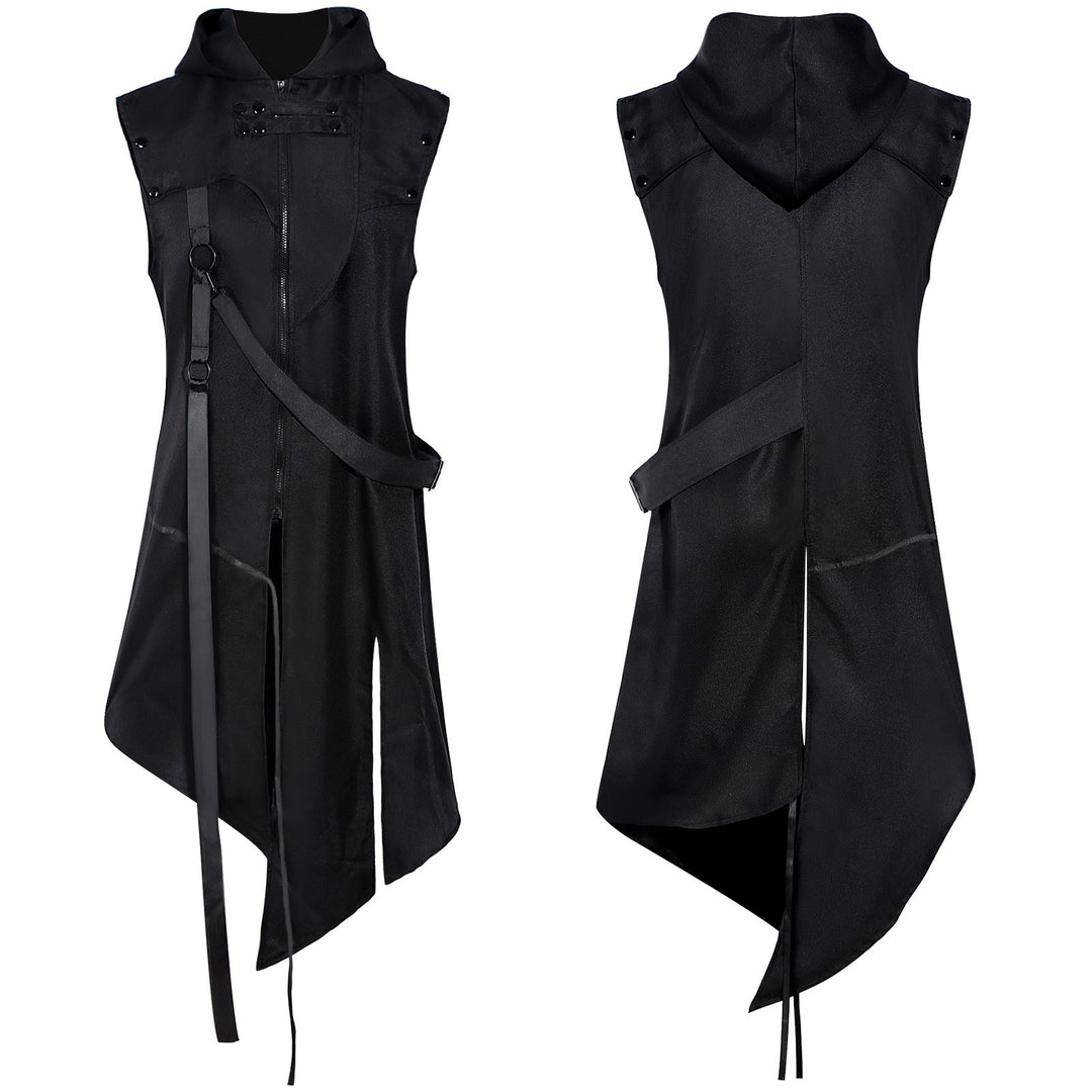 Unisex Asymmetrical Hooded Vest with Full-length Zipper, Decorative Straps and Ring Buckles