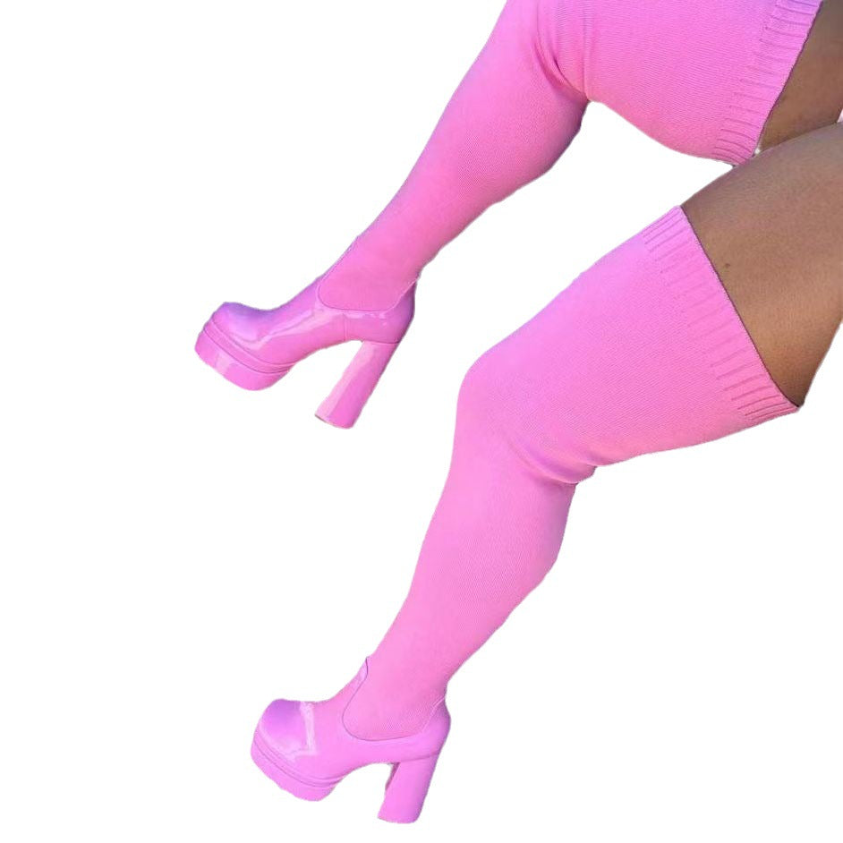 Women's Over-the-knee Boots with Platform Sole and Elastic Shaft Construction